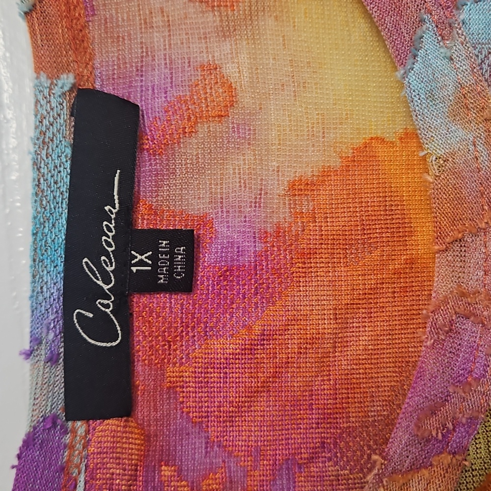 Calessa Burnout Tie Dye Crew Neck Tunic W/Asymmetric Hem: Orange Multi:Size- 1X - Picture 6 of 14